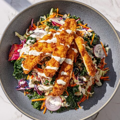 Fried Chicken Salad with Kale and Slaw