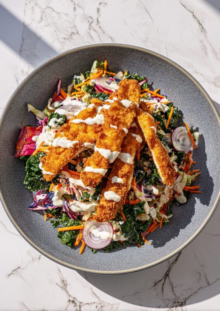 Fried Chicken Salad with Kale and Slaw