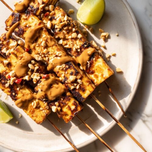 Tofu and Tempeh Satay with Spicy Sambal Peanut Sauce