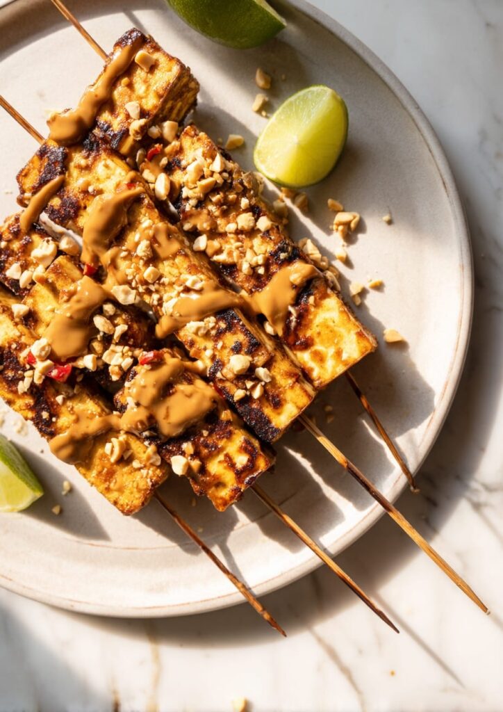 Tofu and Tempeh Satay with Spicy Sambal Peanut Sauce