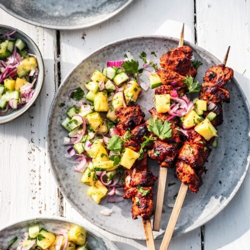 Jerk-Style BBQ Chicken Skewers with Pineapple Salsa
