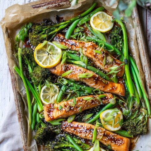 Healthy Traybake Miso Salmon, Lemon, Tender Greens