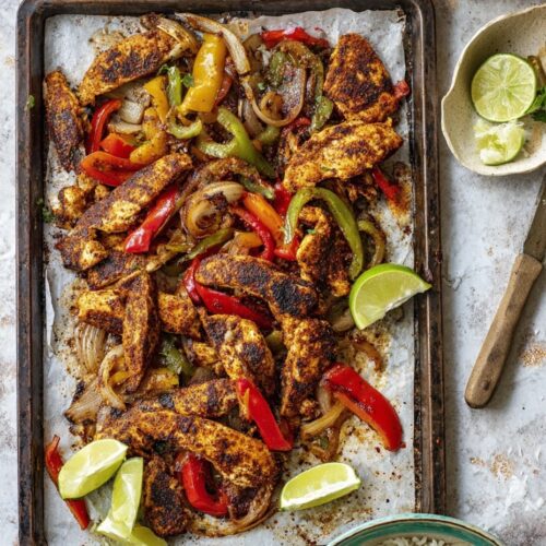 Sheet Pan Chicken Fajita Bowls, Peppers, Lime Rice